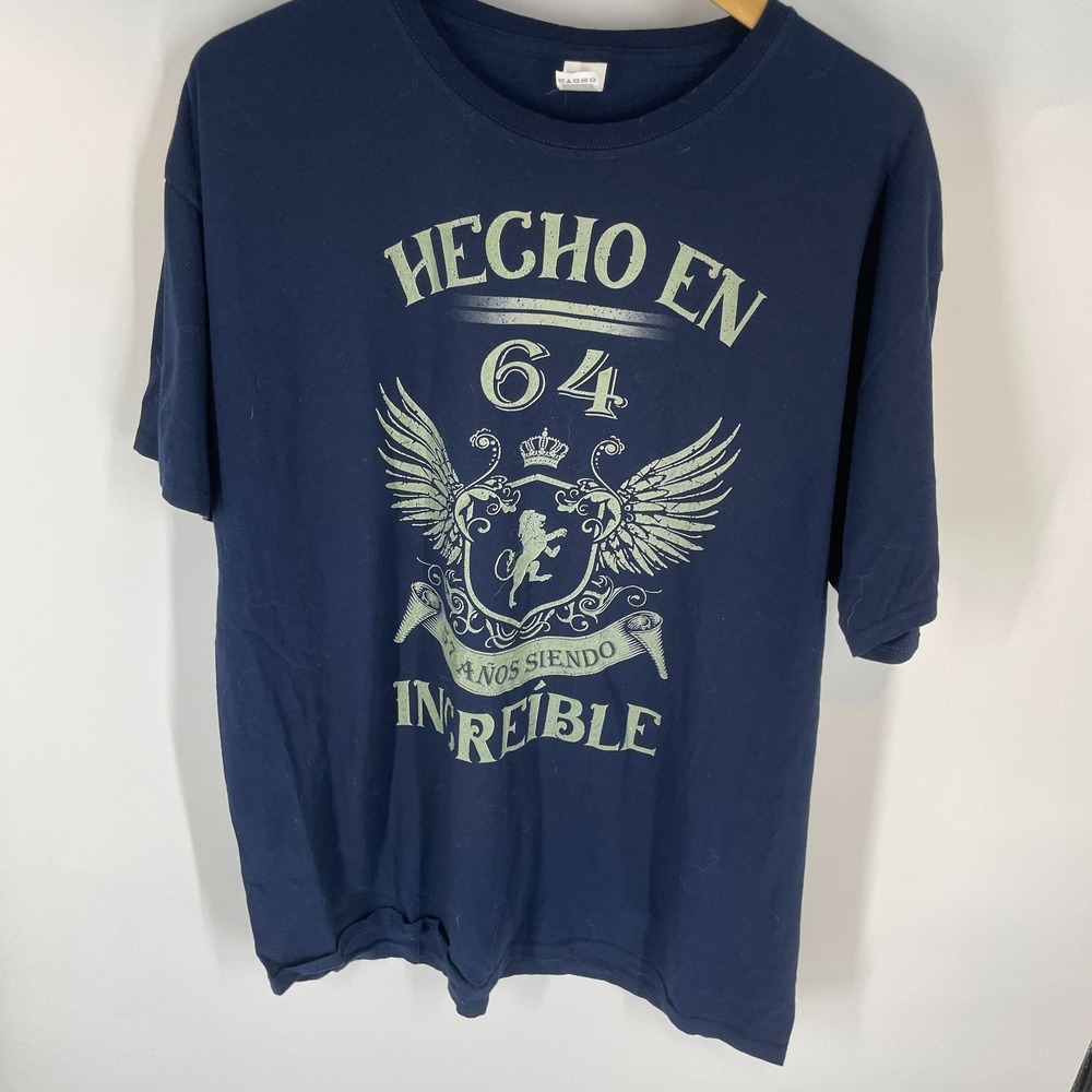 Vintage Fruit Of The Loom Cotton Hecho En 64 Graphic T-Shirt Dark Blue XL